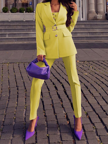 Bright Yellow Jacket Two Piece Outfit - BritishElegance