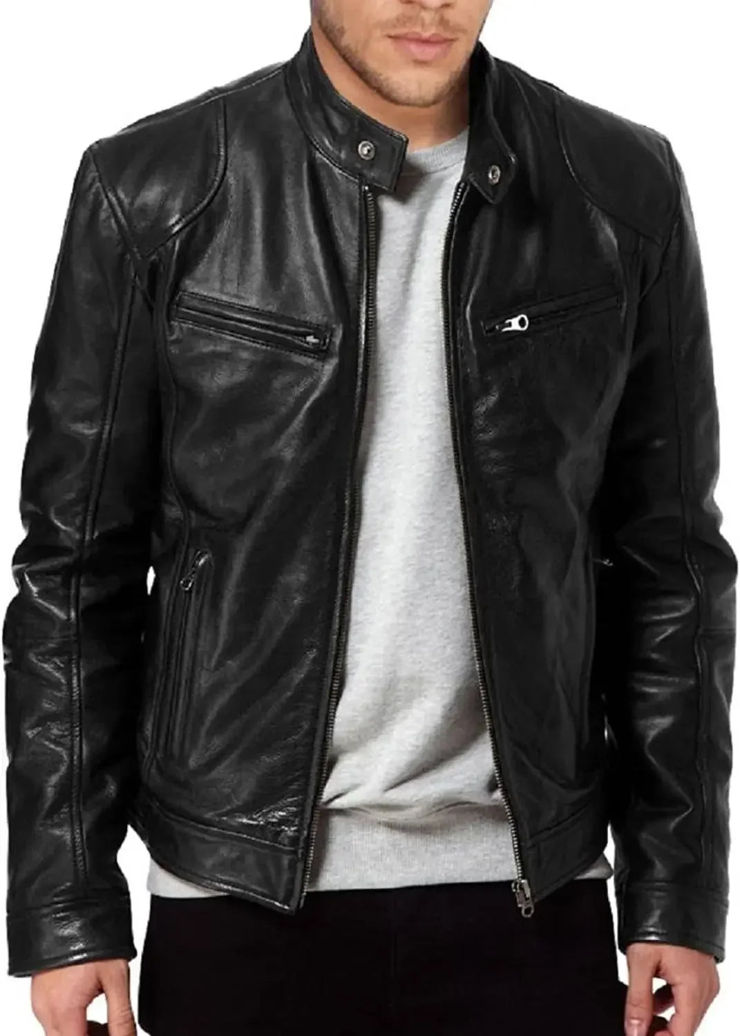 Fitted PU Biker Jacket – Men's Autumn Leather Coat