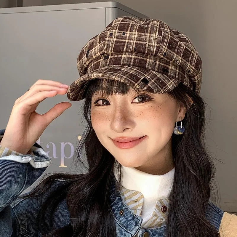 Classic Checked Winter Beret Hat for Ladies - VogeLuxe