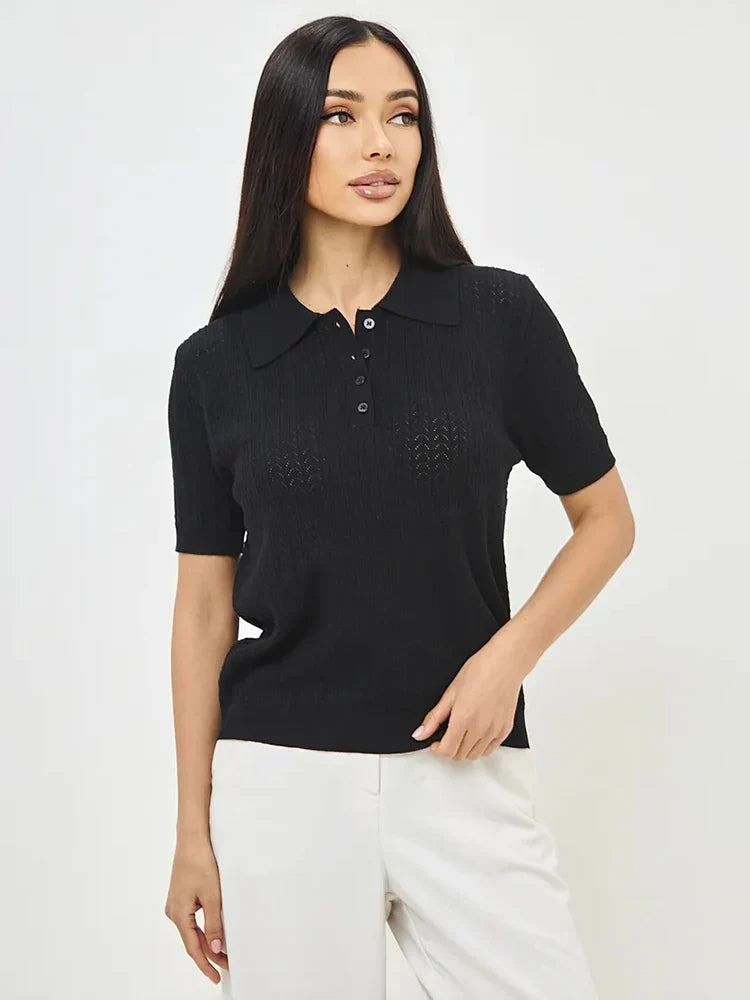 Relaxed Fit Knit Polo Shirt – Casual Summer Women's Tee