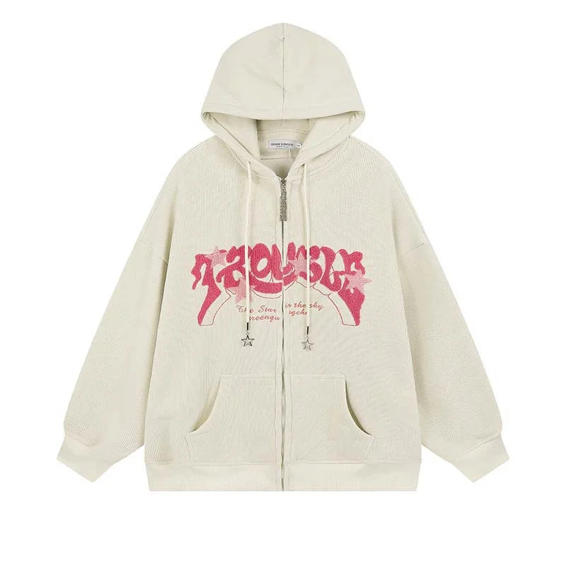 Trendy Ladies Zip Up Embroidered Hoodie – Large Streetwear