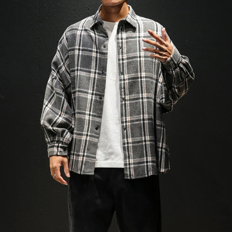 Big Plaid Flannel Shirt Men - Warm Casual Long Sleeve