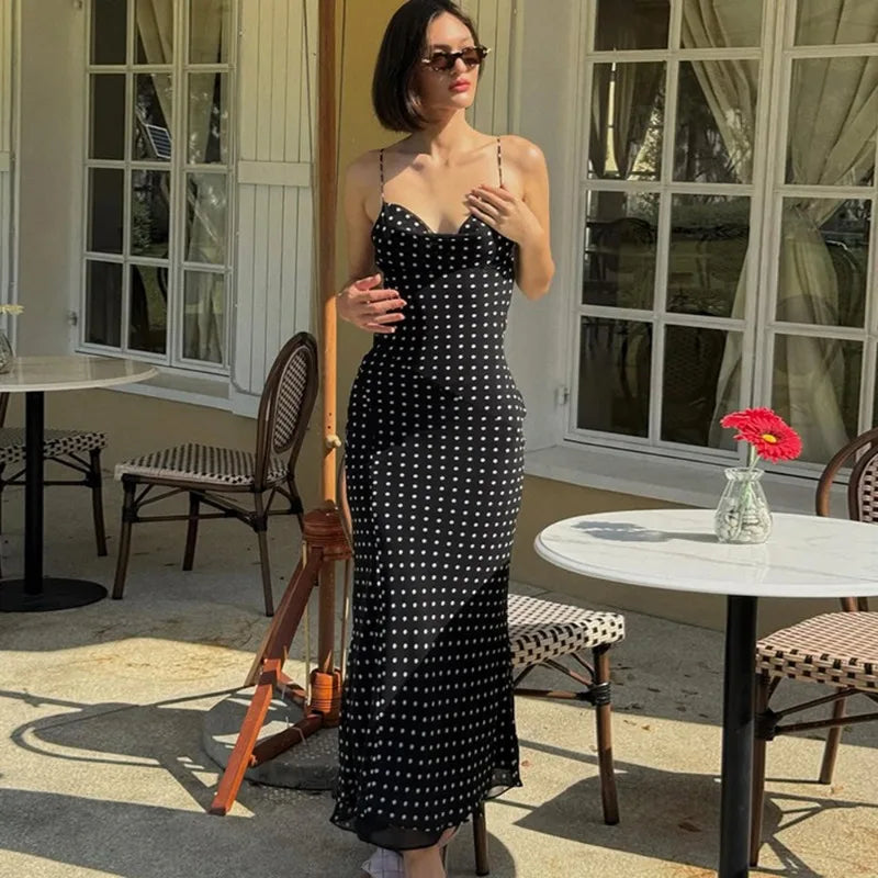 Sexy Backless Halter Neck Maxi Dress with Dots - VogeLuxe