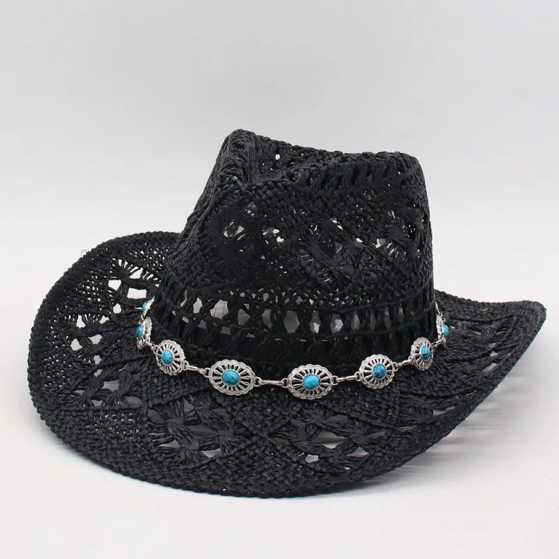 Rustic Natural Fiber Cowboy Hat - Brown Wooden Beads