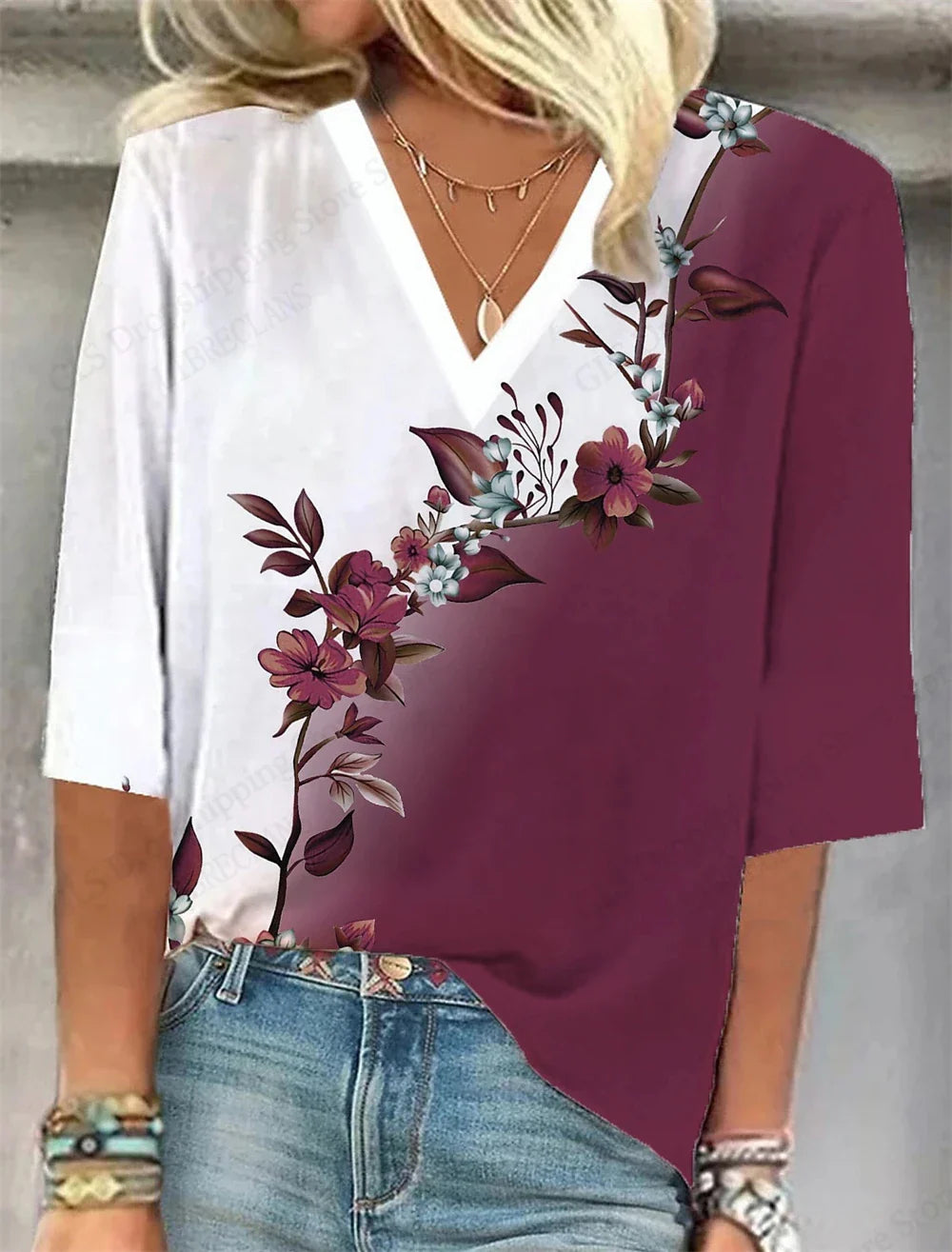 Relaxed Fit Floral V-Neck T-Shirt for Women