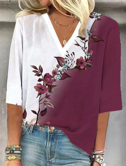 Relaxed Fit Floral V-Neck T-Shirt for Women