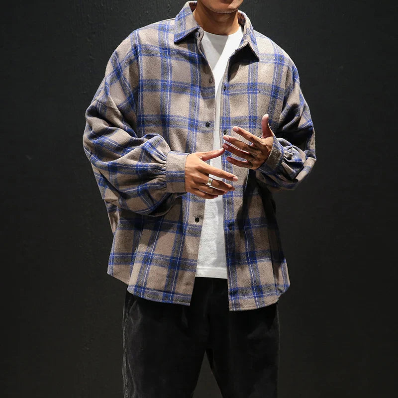 Big Plaid Flannel Shirt Men - Warm Casual Long Sleeve