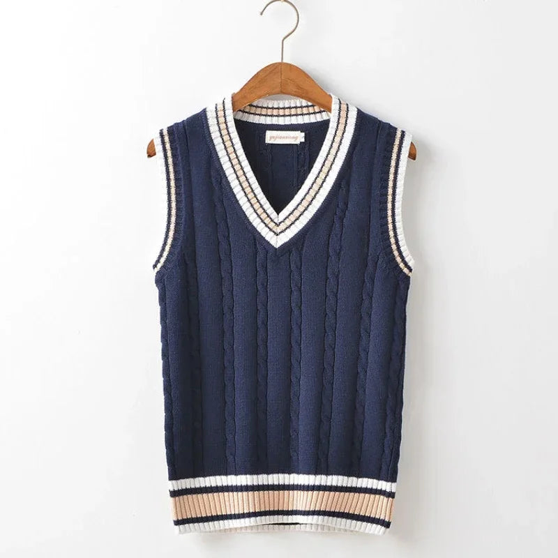 VogeLuxe | Men’s Preppy Cable Knit Sleeveless V Neck Sweater Vest