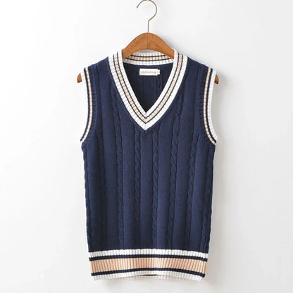 VogeLuxe | Men’s Preppy Cable Knit Sleeveless V Neck Sweater Vest
