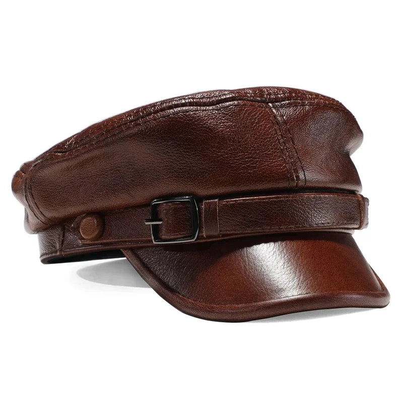 Classic Real Leather Military Cap - Adjustable Black - VogeLuxe