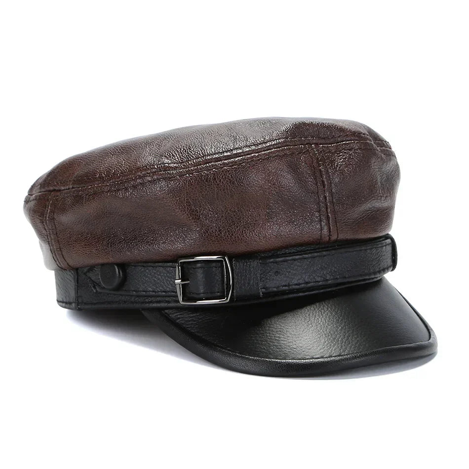 Classic Real Leather Military Cap - Adjustable Black