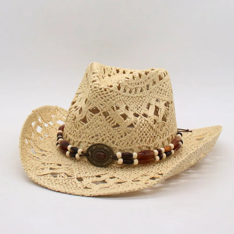 Rustic Natural Fiber Cowboy Hat - Brown Wooden Beads