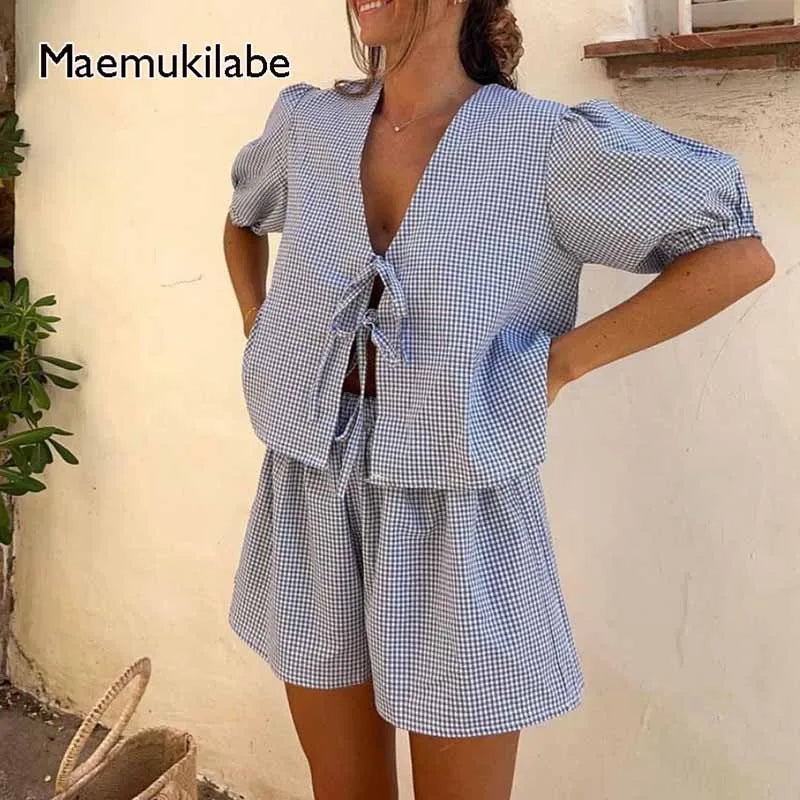 Classic Check Ruffle Sleeve Crop Top & Shorts Set - VogeLuxe