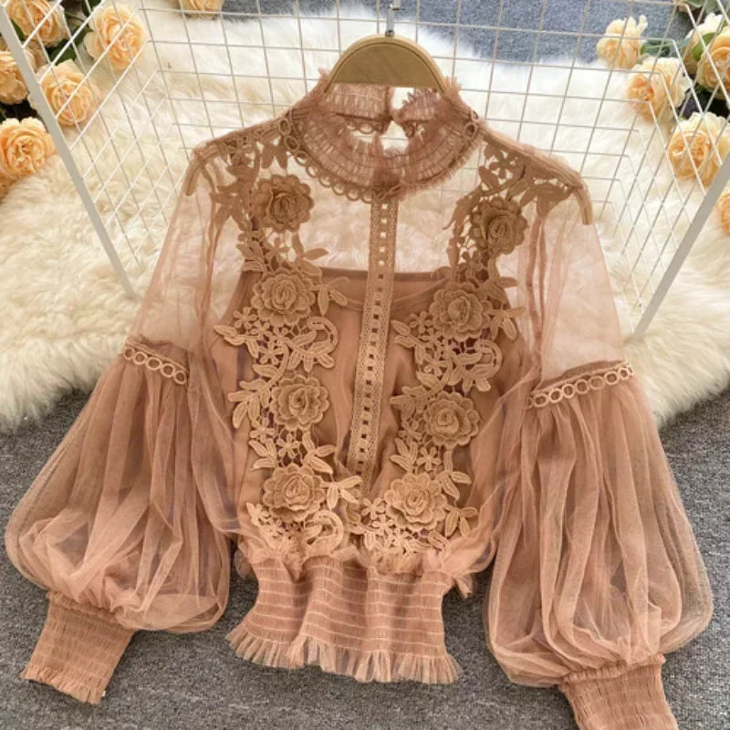 Elegant Lace Ruffle Long-Sleeve Top - VogeLuxe