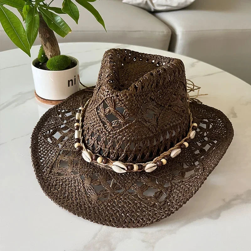 Rustic Natural Fiber Cowboy Hat - Brown Wooden Beads