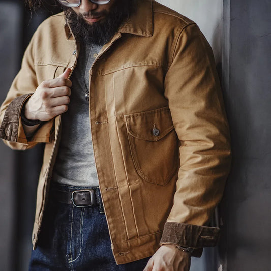 Classic Cotton Field Jacket - Durable Beige Work Coat - VogeLuxe