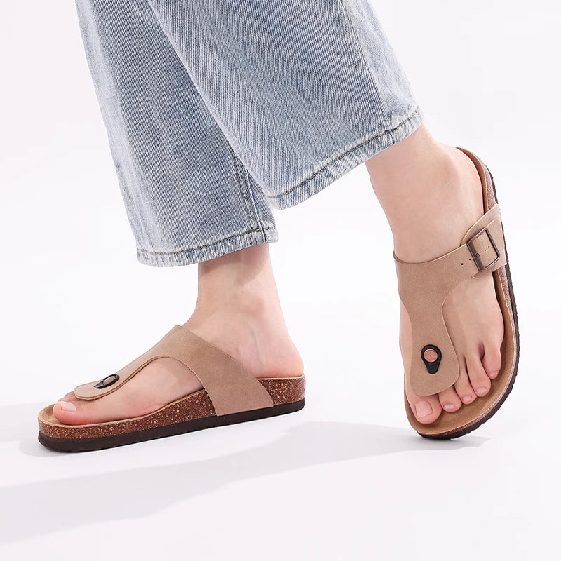 Comfortable Women's Leather Flat Sandals with Adjustable Strap - BritishElegance