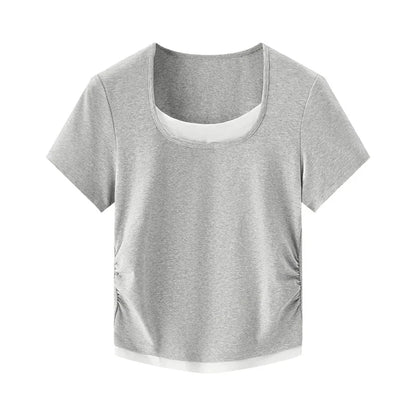 Fashionable Faux Crop Top – Flattering U Neck Tee