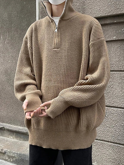 Retro Half-Zip Crew Neck Pullover Sweater Men