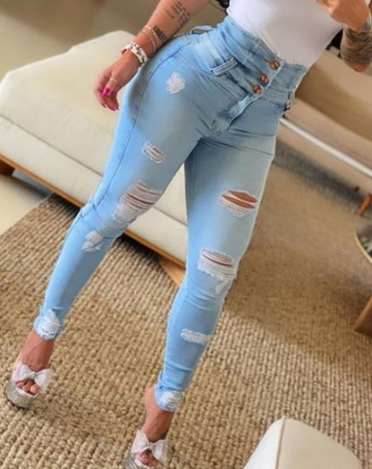 Slim Fit High Waist Distressed Women's Jeans - VogeLuxe