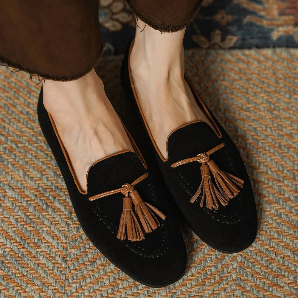 Soft Leather Fringe Ballet Flat Shoes - VogeLuxe