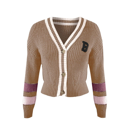 Warm Women's V-neck Striped Knit Cardigan Sweater - VogeLuxe