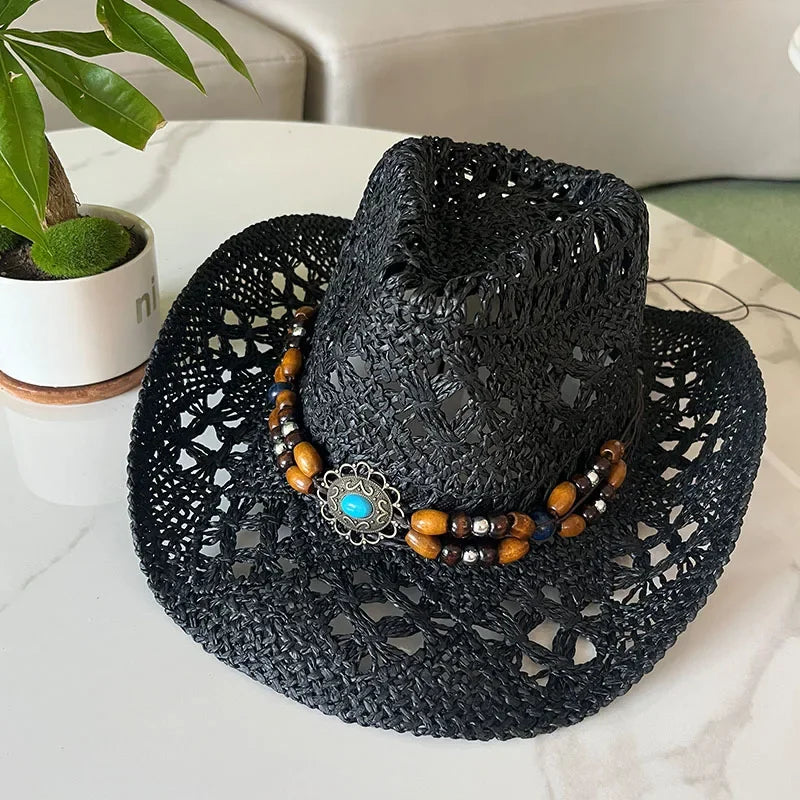 Rustic Summer Cowboy Hat with Wooden Beads