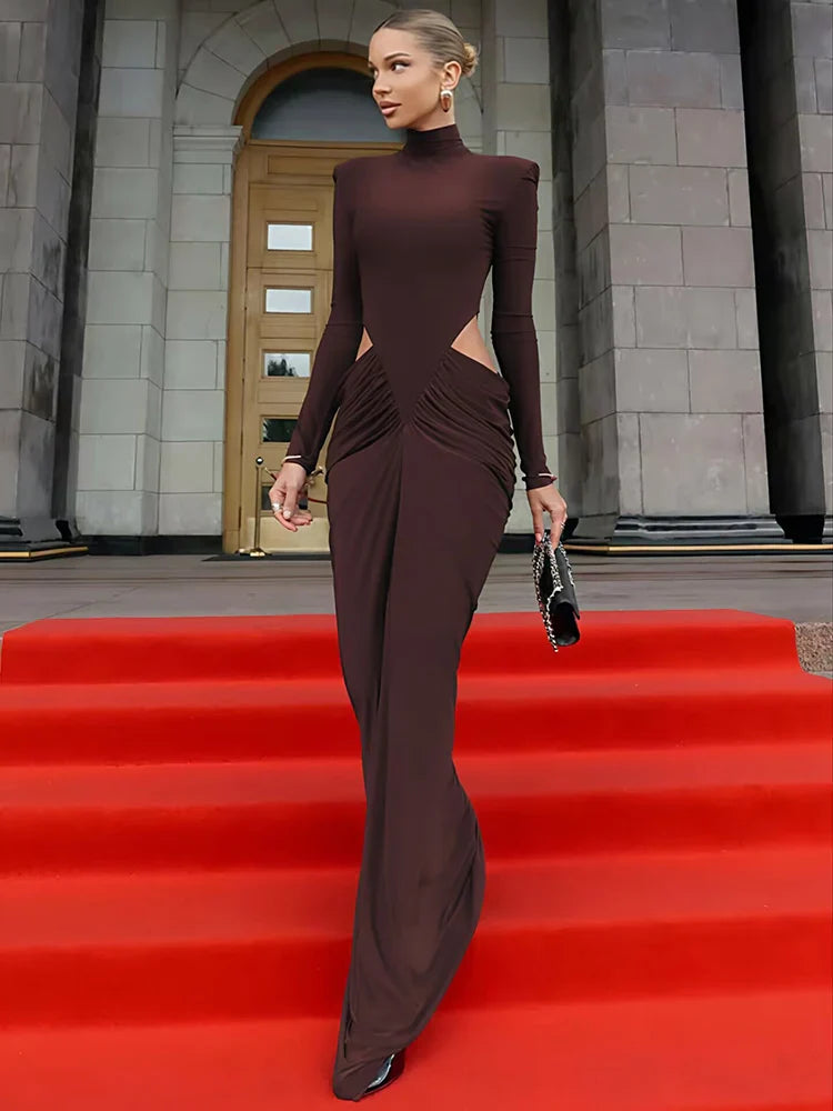 Elegant Long Sleeve High Neck Maxi Evening Dress