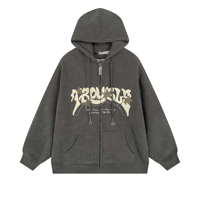 Trendy Ladies Zip Up Embroidered Hoodie – Large Streetwear