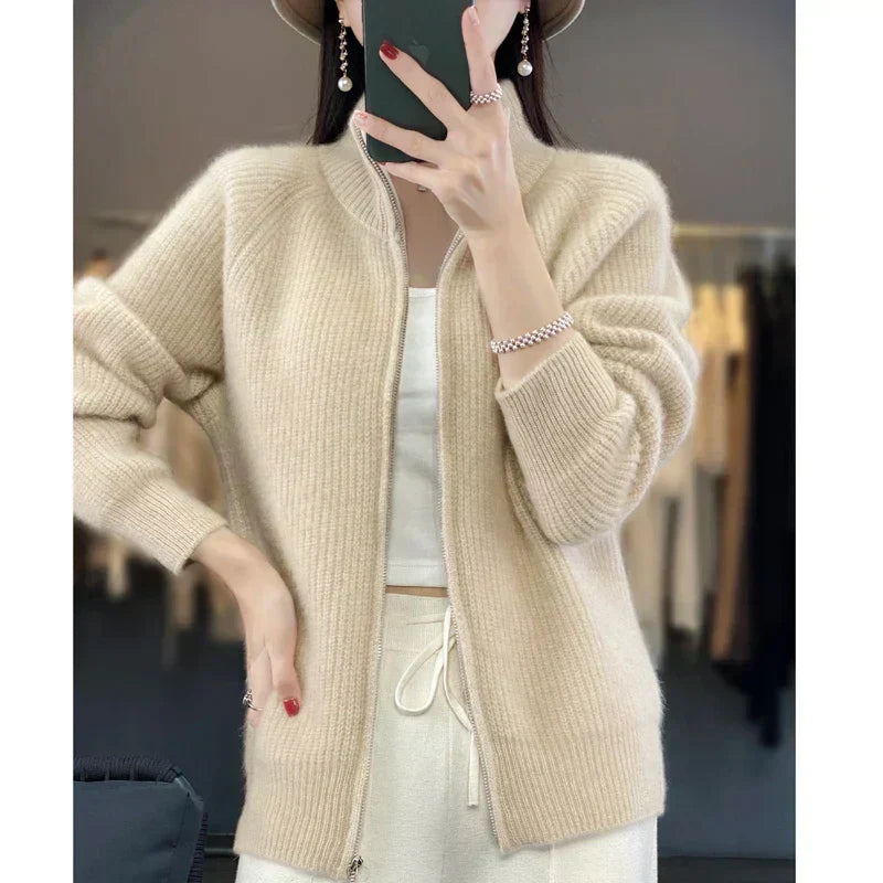 Soft 100% Wool Zip Up Women's Cardigan Sweater