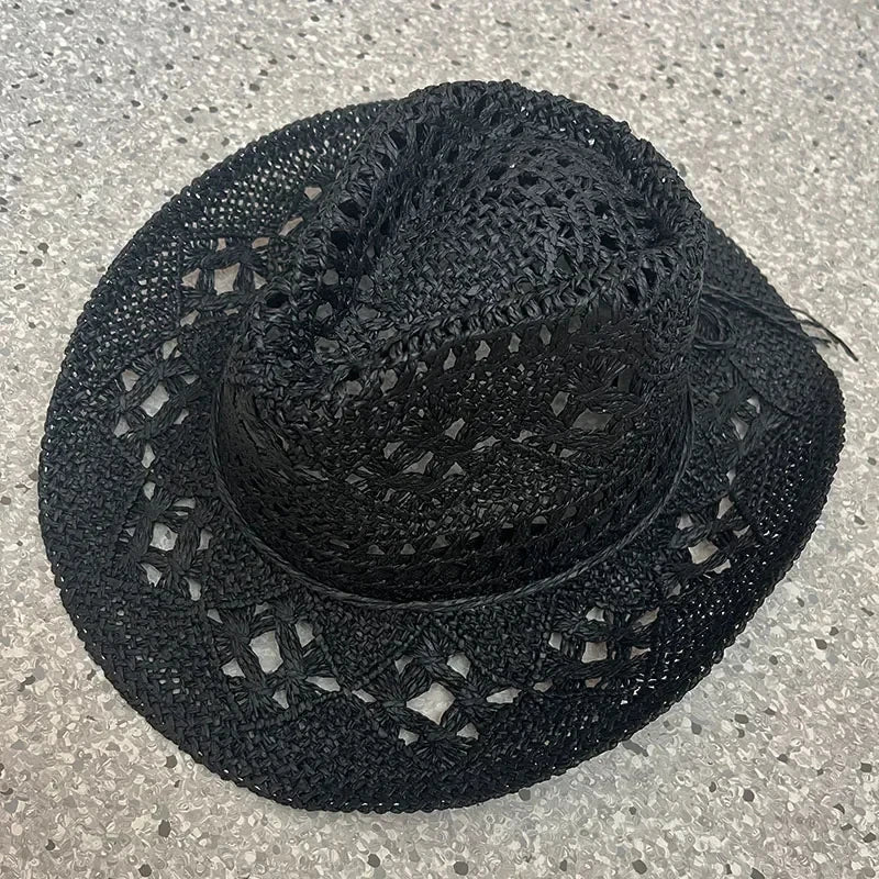 Rustic Natural Fiber Cowboy Hat - Brown Wooden Beads