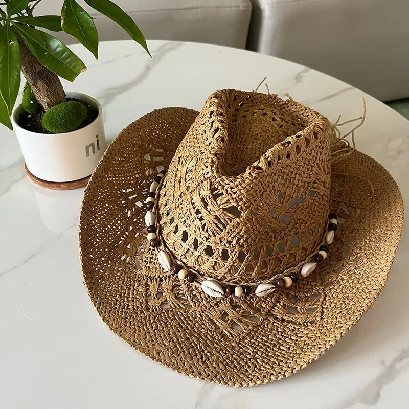 Rustic Summer Cowboy Hat with Wooden Beads