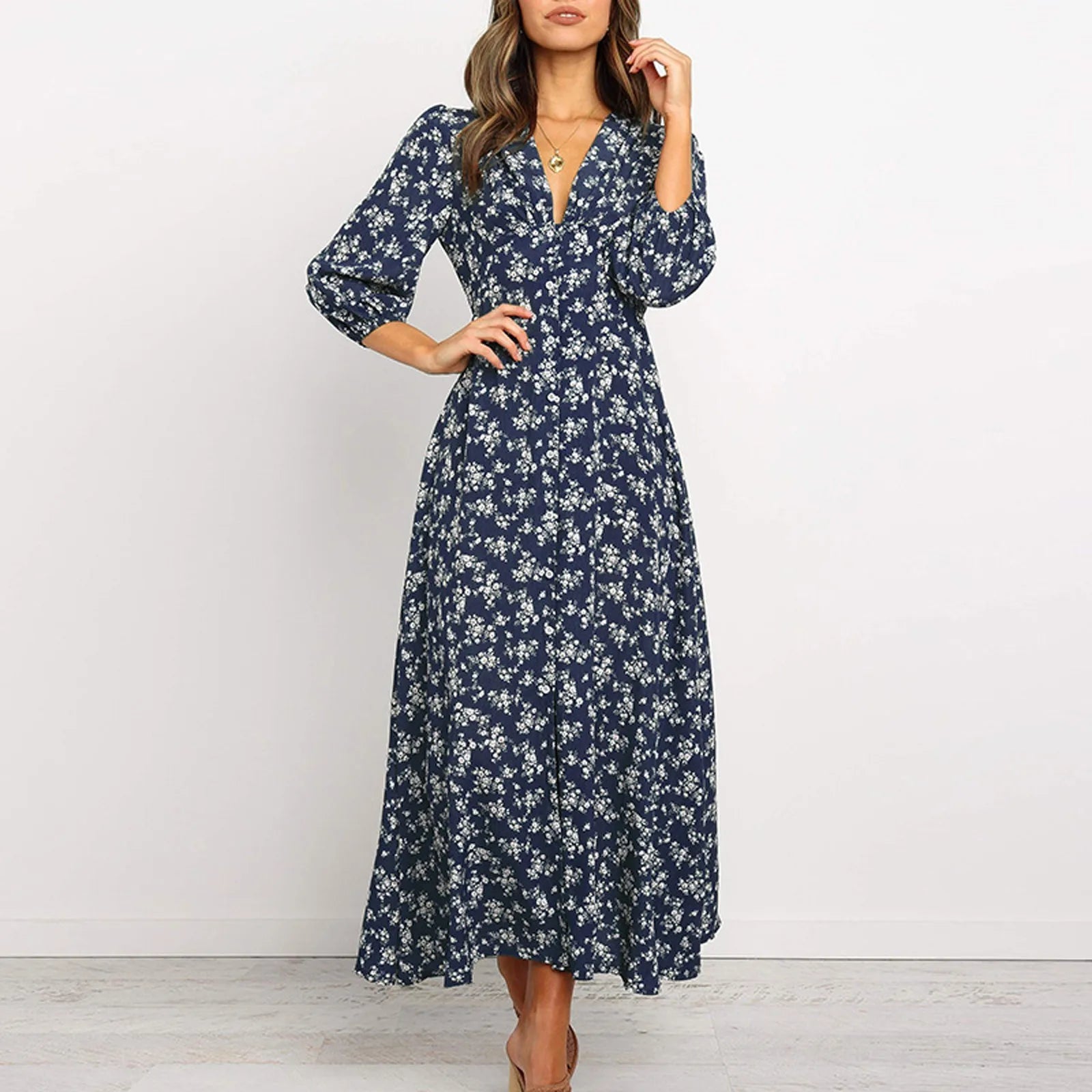 Beautiful Floral V-neck Long Dress for Ladies - VogeLuxe