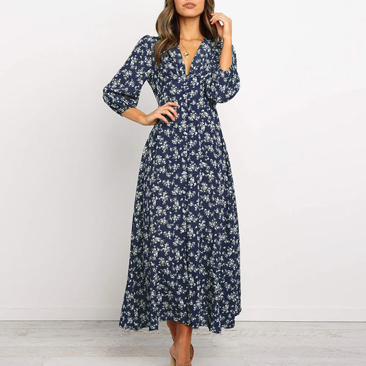 Beautiful Floral V-neck Long Dress for Ladies - VogeLuxe