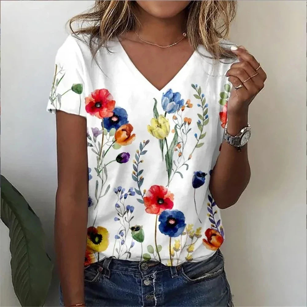Casual Floral Graphic V-Neck T-Shirt – Loose Fit Women's Top - BritishElegance