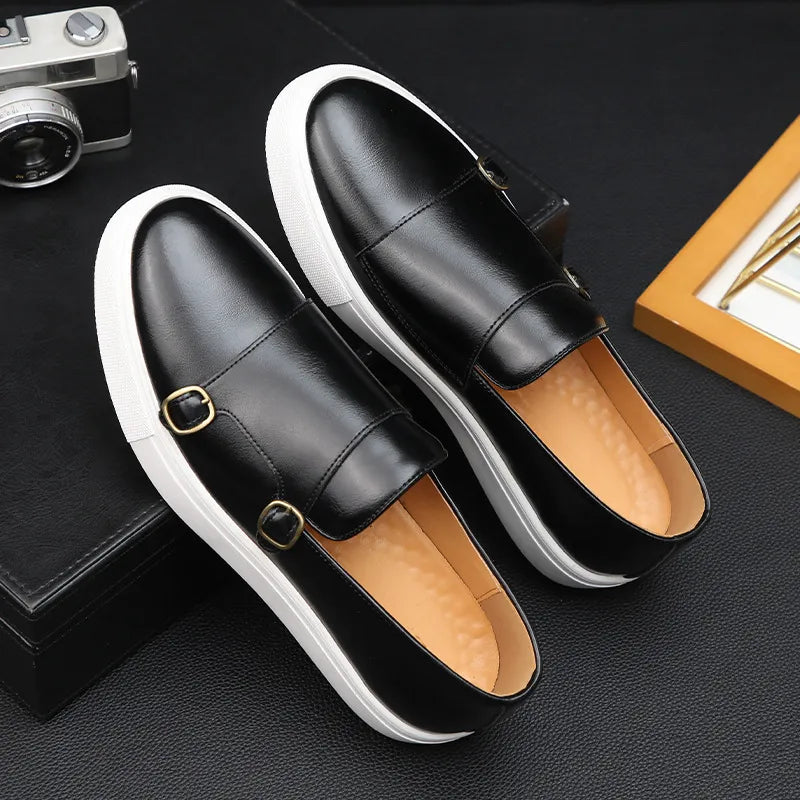 Premium Leather Loafers - Double Strap & White Sole Shoes