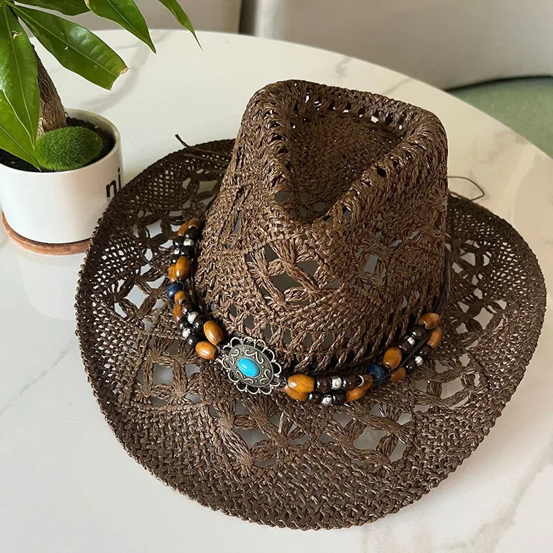Rustic Summer Cowboy Hat with Wooden Beads