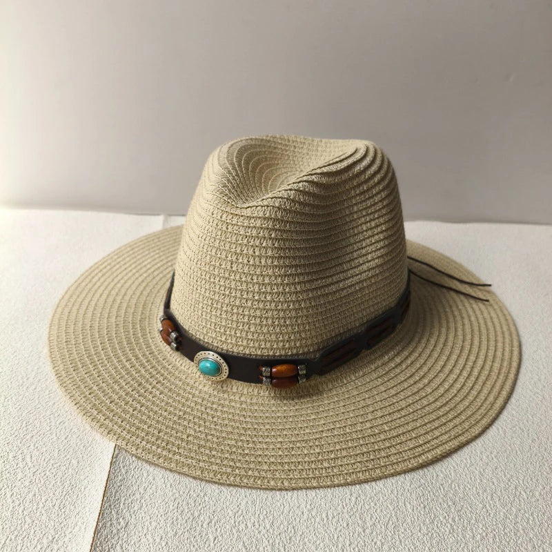 Rustic Natural Fiber Cowboy Hat - Brown Wooden Beads