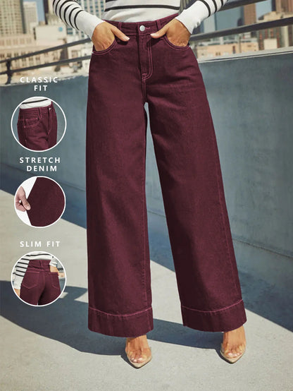 Dark Red High Waist Flare Jeans for Women - VogeLuxe