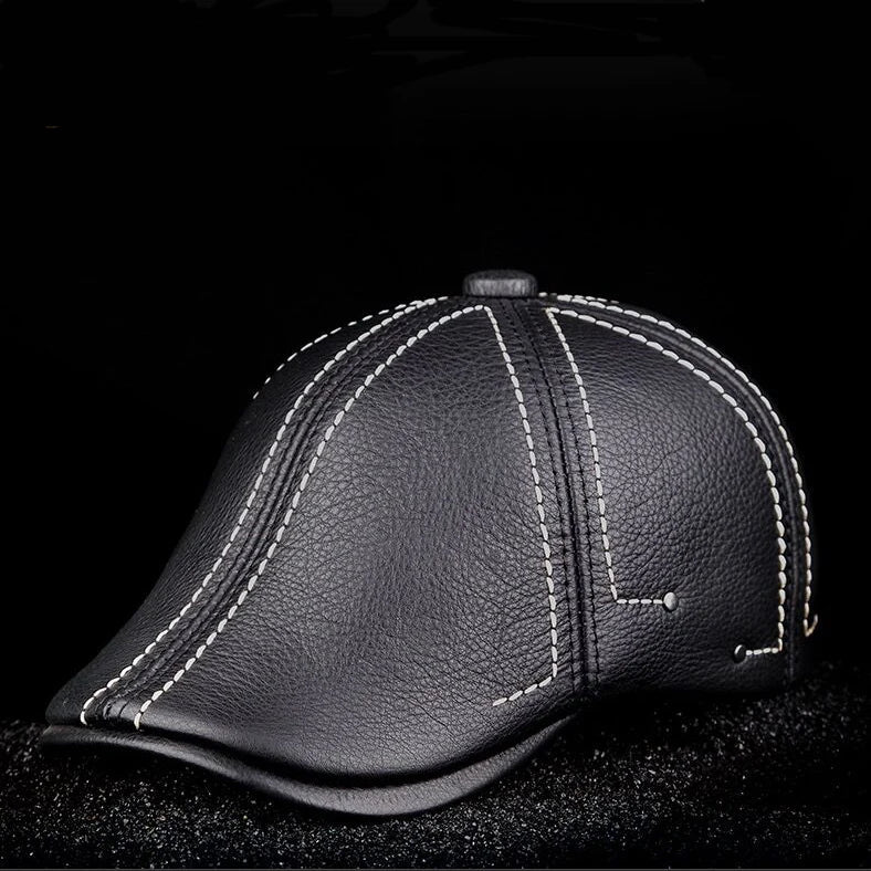 Genuine Leather Beret - Classic Black Mens Cap