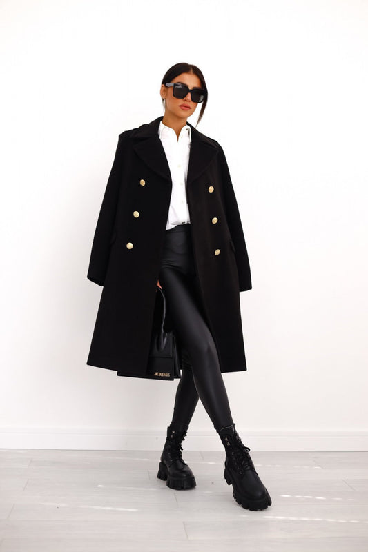 Classic Ladies' Tailored Overcoat with Gold Buttons - VogeLuxe
