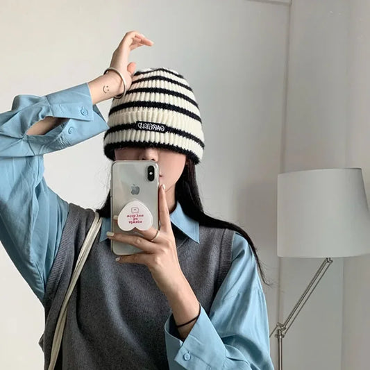 Warm Winter Beanie Hat with Hood and Stripes - VogeLuxe