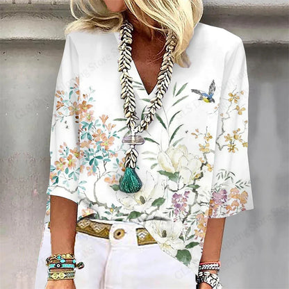 Relaxed Fit Floral V-Neck T-Shirt for Women