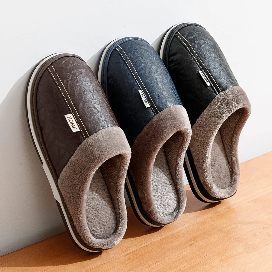 Men's Cozy Faux Leather Slippers with Soft Insulation - VogeLuxe