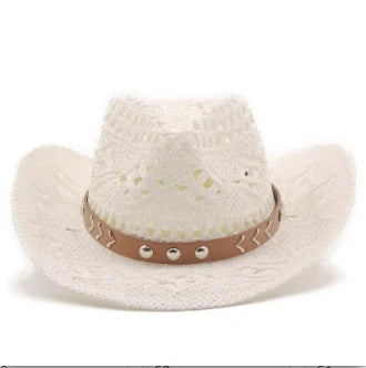 Rustic Natural Fiber Cowboy Hat - Brown Wooden Beads