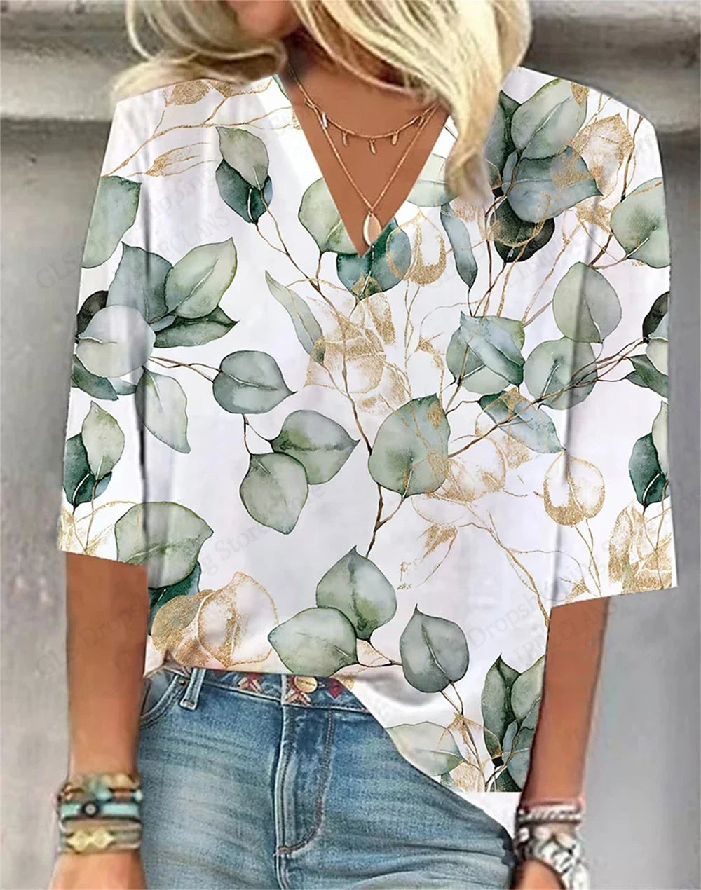 Relaxed Fit Floral V-Neck T-Shirt for Women