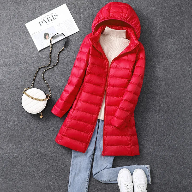 Long Women's Office Parka Detachable Fur Hat Coat