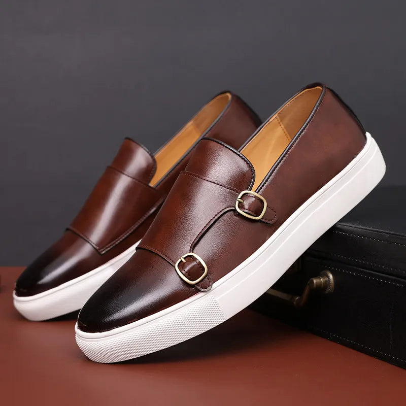 Premium Leather Loafers - Double Strap & White Sole Shoes - VogeLuxe