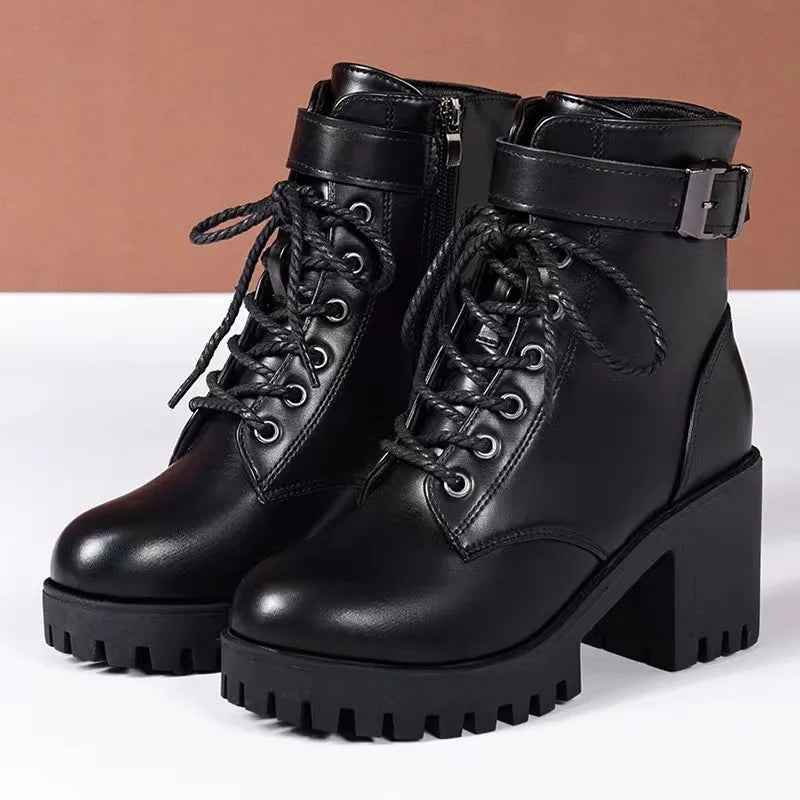 Comfortable Women's Low Heel Ankle Boots Waterproof Lace Up