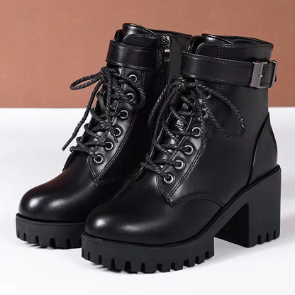 Comfortable Women's Low Heel Ankle Boots Waterproof Lace Up